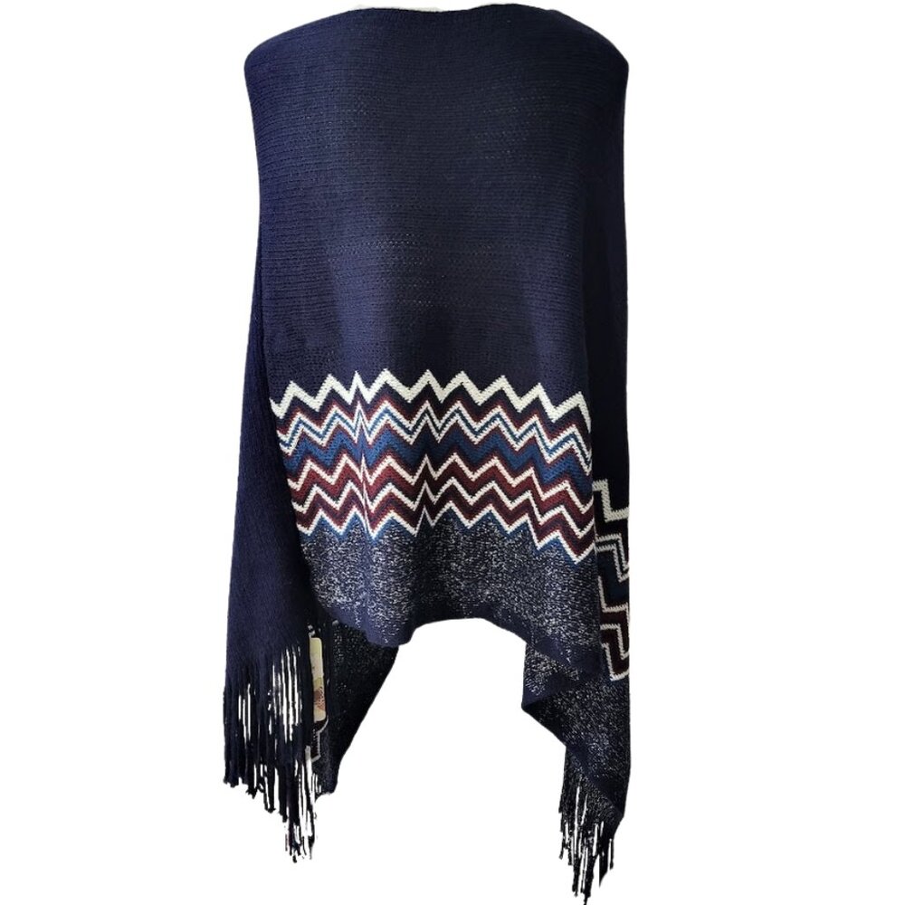 LIFE IS BEAUTIFUL Navy Blue Chevron Design Knit Poncho Shawl - NWT Women's OS